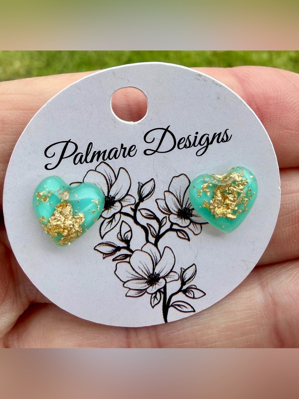 Palmare Designs Mint Heart Stud Earrings with Gold Flake